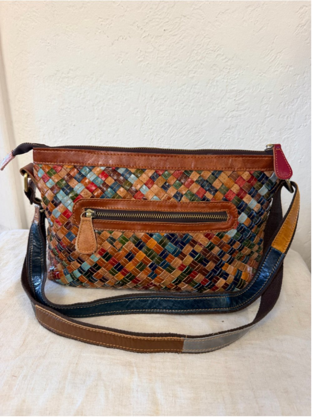 AmeriLeather Multicolor Woven Genuine Leather Crossbody Shoulder Bag Boho